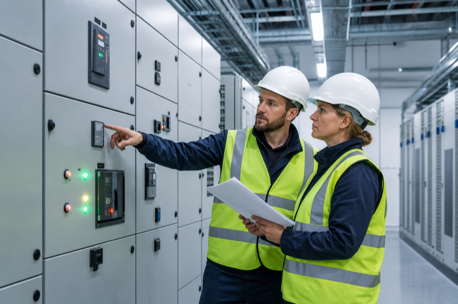 Ingenieros revisando tableros de distribución eléctrica