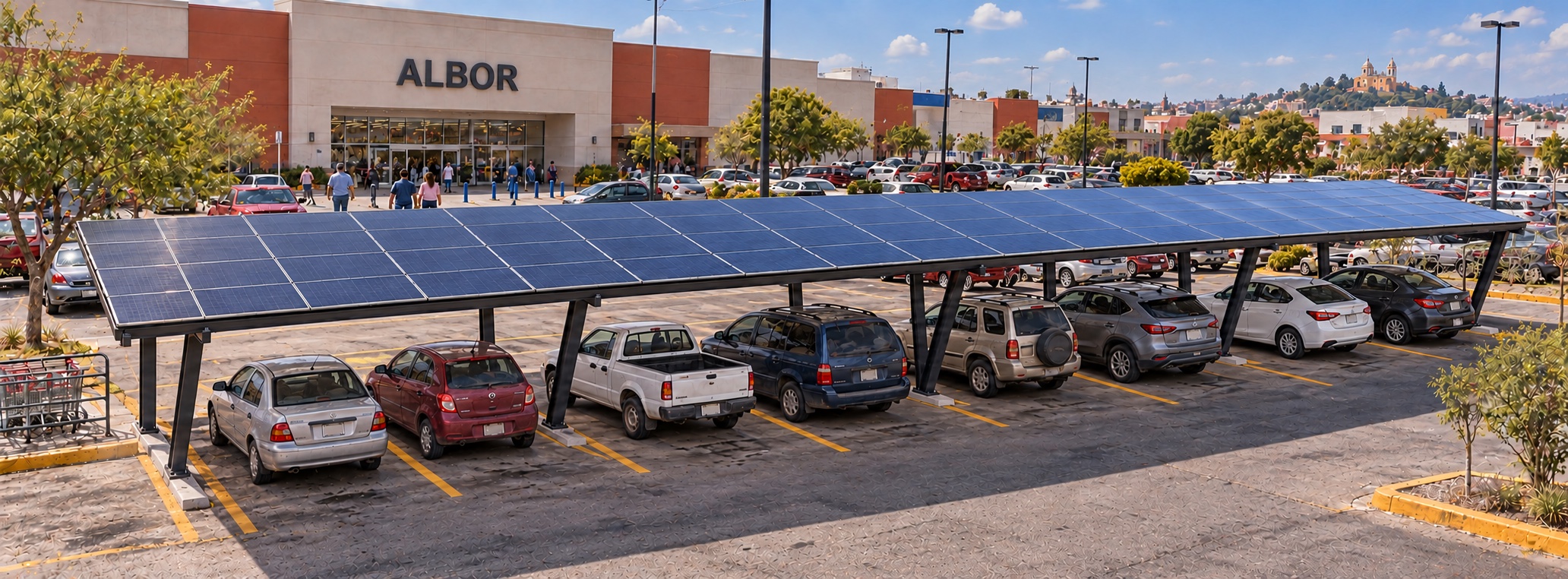 Carport solar con dos cajones por claro en un estacionamiento comercial; visualización conceptual