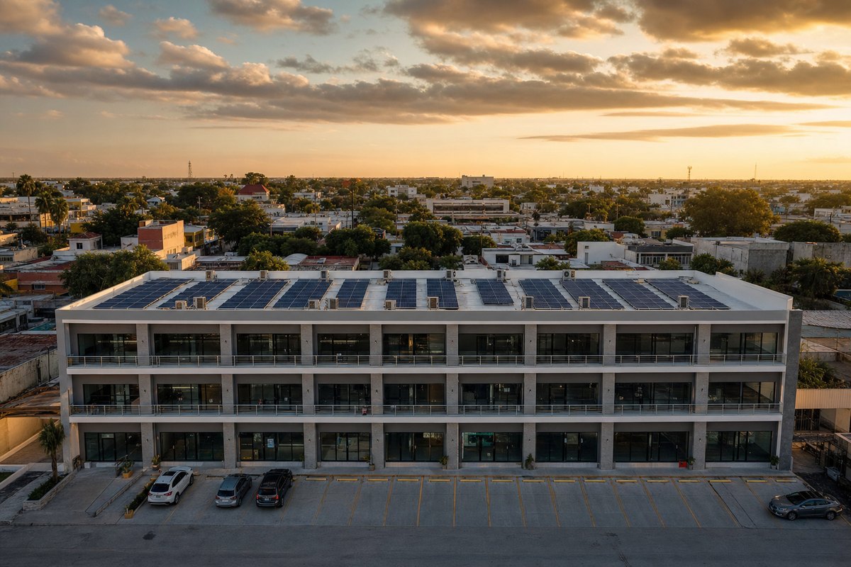 Vista aérea de paneles solares en azotea de plaza comercial de tres pisos
