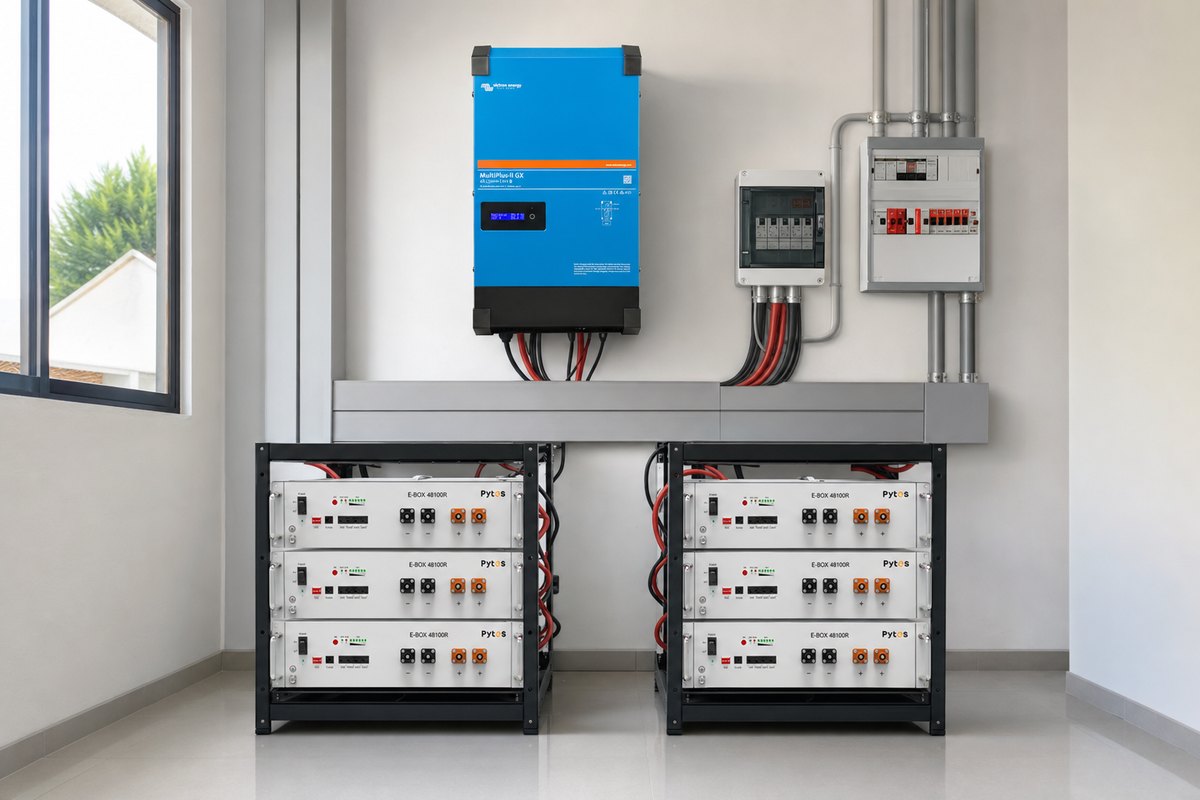 Cuarto técnico con dos torres de tres baterías Pytes E-BOX 48100R e inversor Victron MultiPlus-II GX