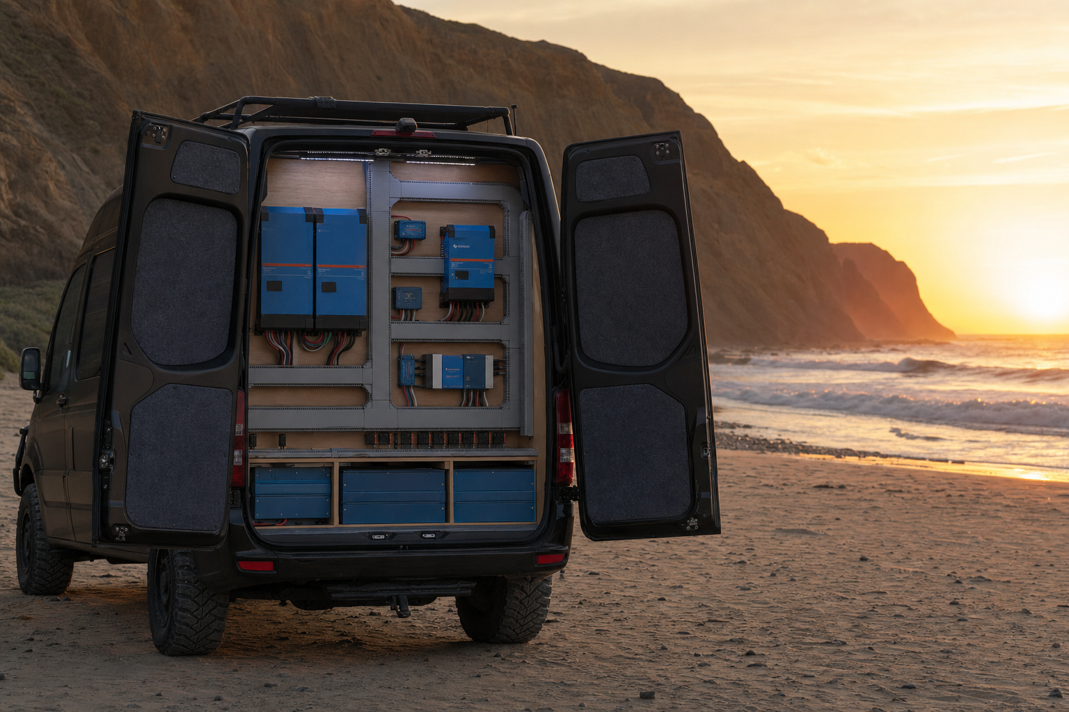 Van tipo Sprinter negra en la playa al atardecer, puertas traseras abiertas con equipos Victron y cableado en canaleta gris