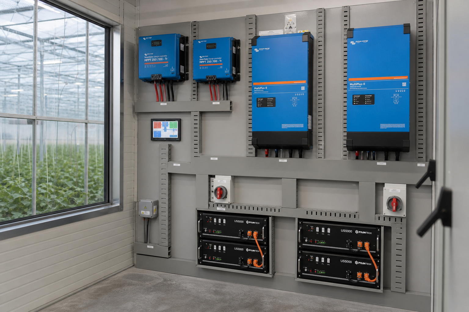 Invernadero con cuarto técnico: sistema Victron con baterías y cableado ordenado en canaleta ranurada gris